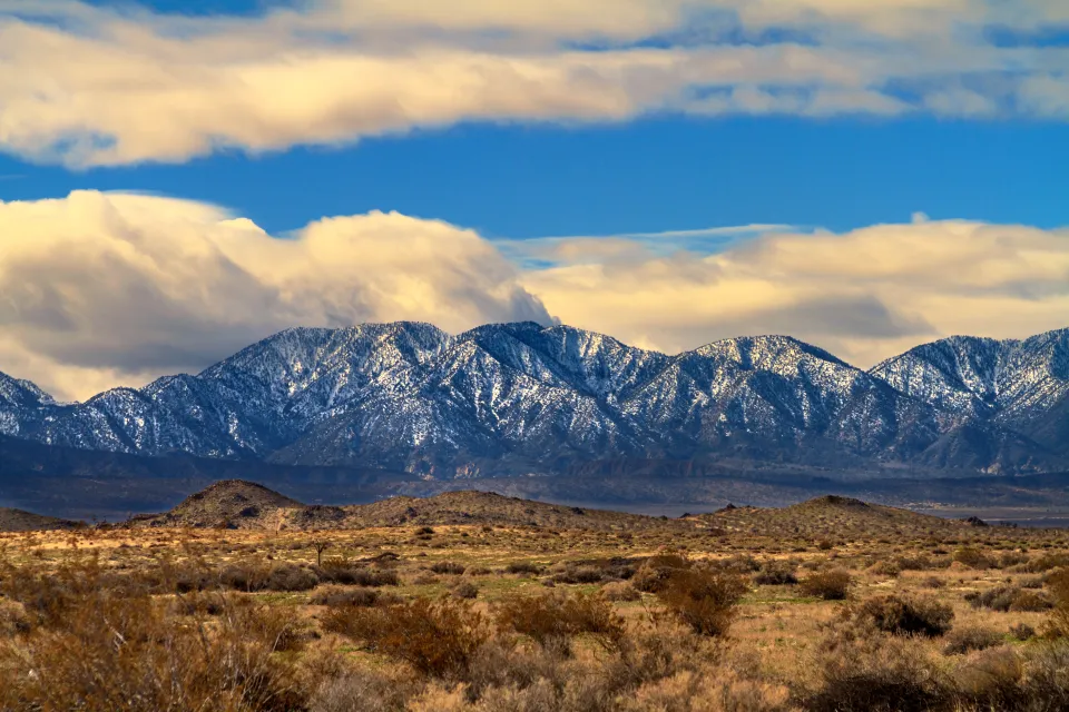 View of snowy San Gabriel Mountains from the Mojave desert
